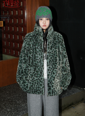 zopiclone“豹富”超保暖原创设计绿色豹纹星星宽松兔毛外套女