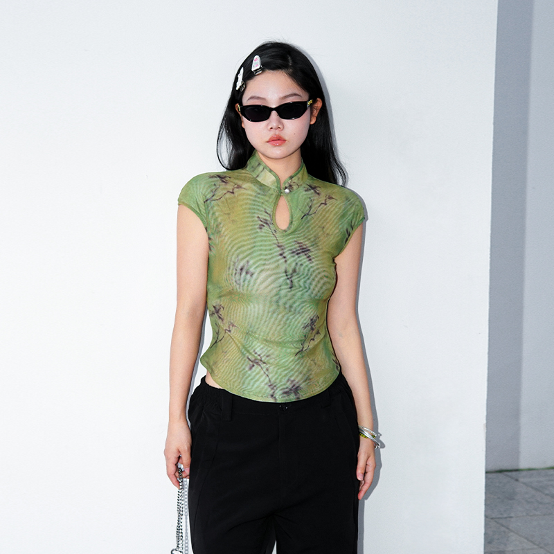 双面两穿薄款印花网纱女新中式