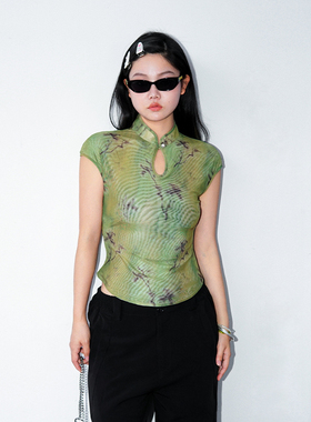 zopiclone时髦新中式双面两穿高弹印花网纱水滴领盘扣显瘦上衣