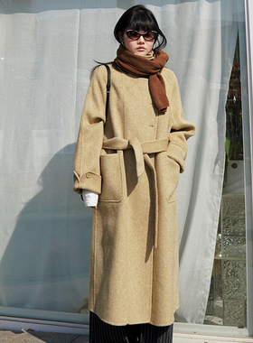 zopiclone秋冬斜襟立领过膝长款双面羊毛呢插肩袖大衣
