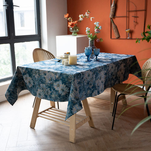美式复古蓝太阳花长方形桌布