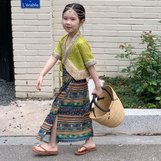 鲍小鱼2023夏款女童装网红时髦洋气傣族民族风绣花上衣半身裙套装