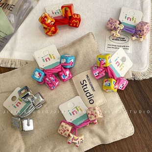2025新款韩国pom儿童女童可爱糖果卡通手绘亮面方块绕绕皮筋发绳