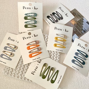 新款韩国pom儿童基础款糖果彩色格纹青花瓷碎花印花水滴BB发夹卡