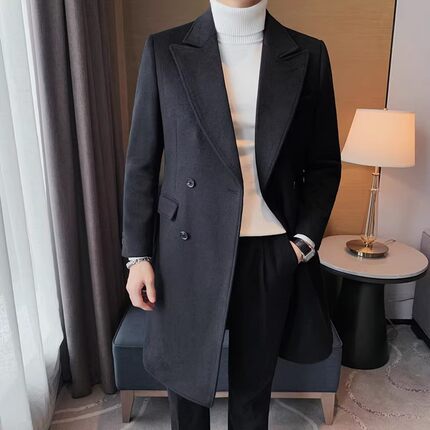 秋冬新款男士时尚休闲羊毛毛呢中长款修身呢子大衣外套韩版双排扣