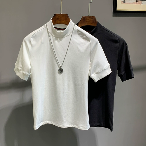 Цветная бархатная базовая приятная телу футболка с коротким рукавом для отдыха, в корейском стиле, высокий воротник