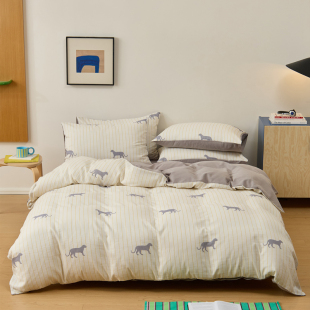 清特 全棉双层纱印花四件套A类纯棉透气松软简约舒适条纹印花床品