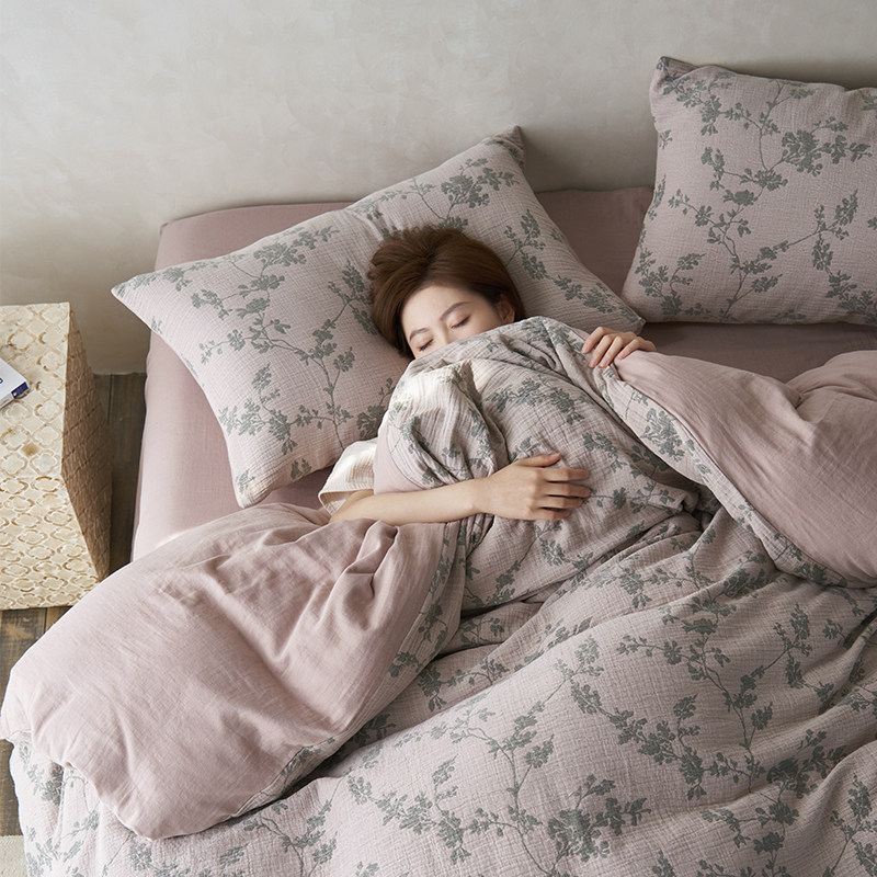 全棉三层纱提花四件套 A类纯棉色织双层纱保暖亲肤透气棉纱布套件