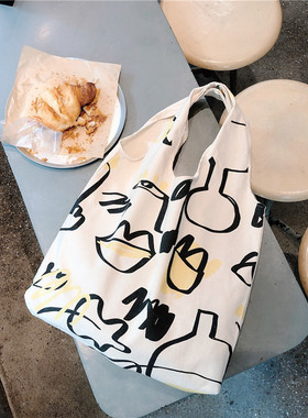 99301  日系慵懒风ins简约涂鸦线条 单肩包帆布袋购物袋女