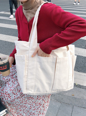 91171韩版ins慵懒风多口袋帆布包大容量通勤单肩托特包女学生