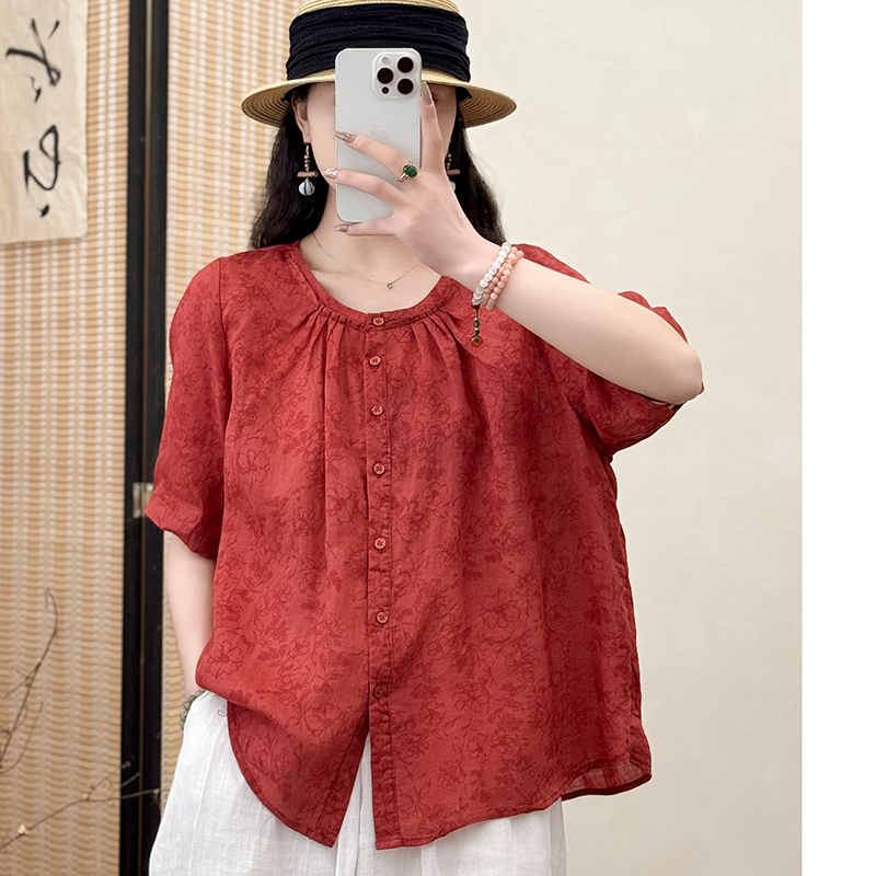 时尚妈妈圆领五分袖苎麻衬衫春夏新款洋气中老年休闲宽松棉麻上衣