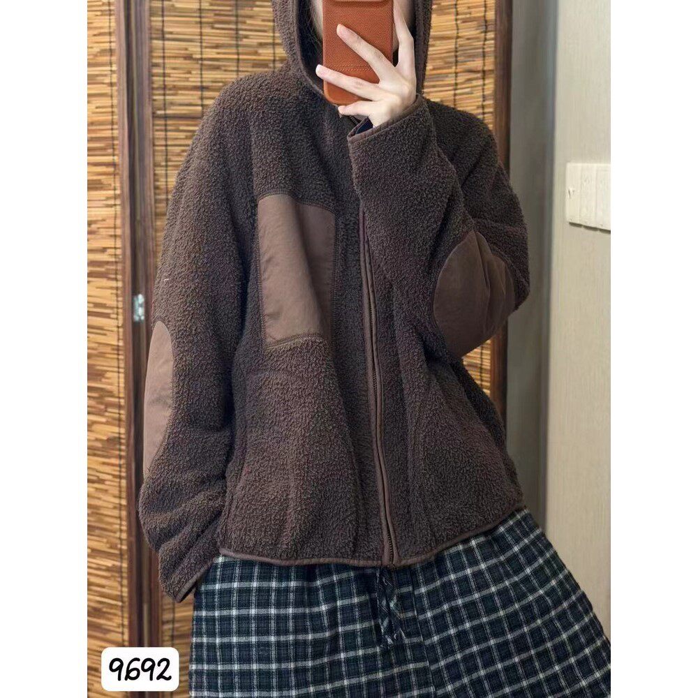 希哦复古拼接连帽颗粒绒外套女2025冬季保暖减龄休闲宽松棉服上衣