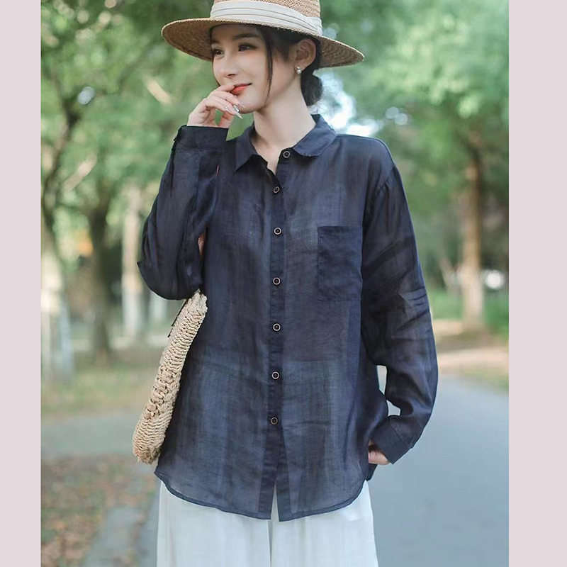 100支细苎麻薄款中长款高端时尚衬衫女夏季宽松翻领长袖防晒上衣