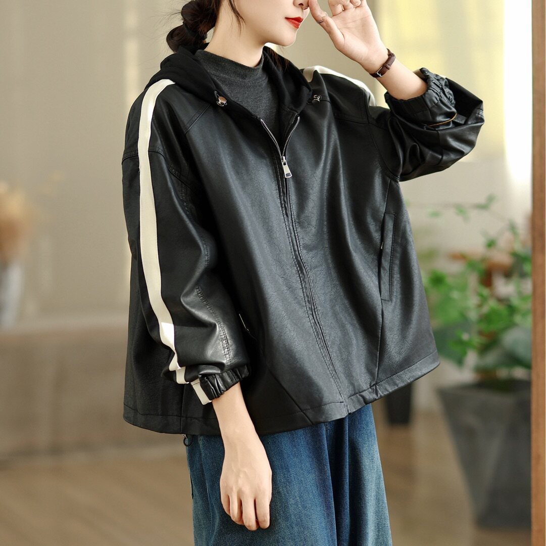 春秋宽松连帽短款拼色拼接皮衣女黑色拉链夹克外套休闲百搭小个子
