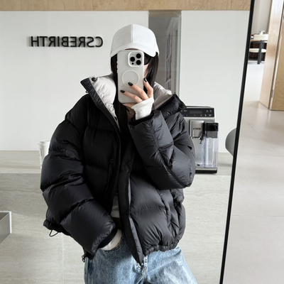 新国标95白鸭绒黑色短款面包羽绒服宽松可拆连帽时尚外套冬季保暖