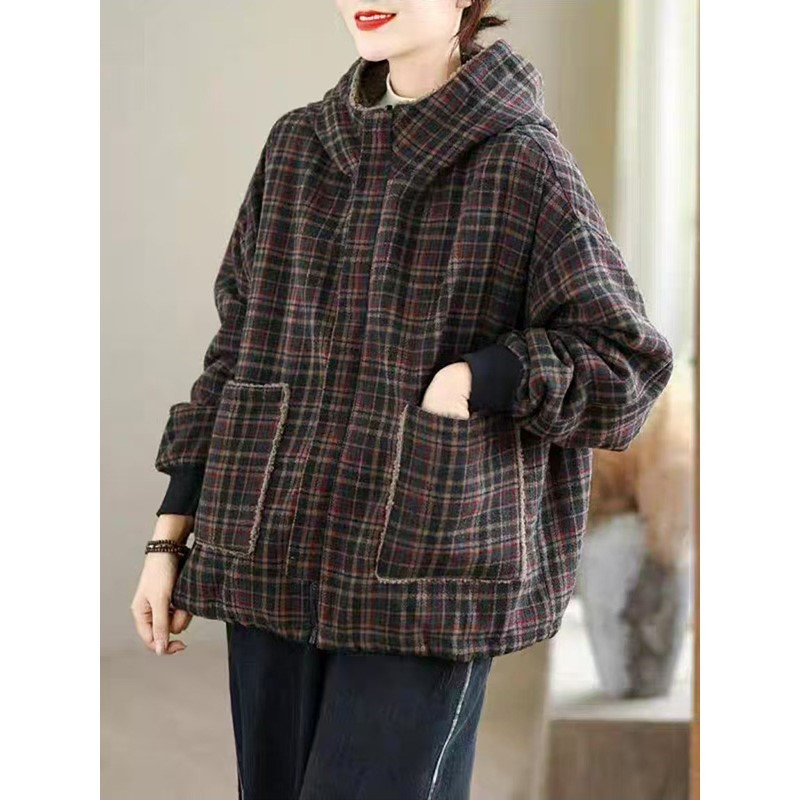2025冬季复古格子连帽棉服棉衣女宽松休闲百搭两面穿加绒加厚外套