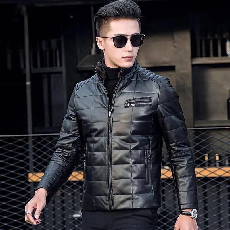 海宁真皮皮衣男羽绒服绵羊皮立领水貂毛领加绒保暖男士皮夹克外套