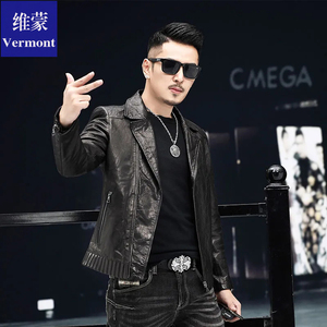 维蒙海宁新款真皮皮衣男西装领短款机车服皮夹克修身帅气潮流外套
