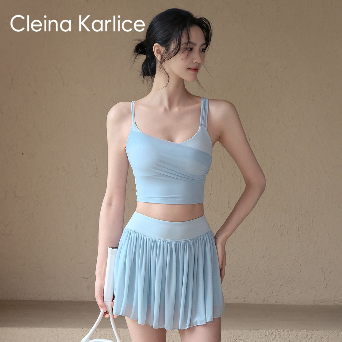 Cleina Karlice运动短裙女夏季高腰网纱边网球裙防走光瑜伽半身裙