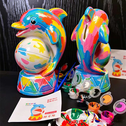 儿童手绘手工涂色海豚上色玩具海洋海豚模型存钱罐海洋馆创意礼品