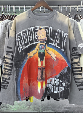 RoughPlay美式复古卡通火箭人物印花长袖T恤宽松水洗做旧破洞上衣