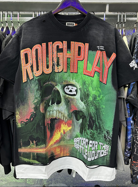RoughPlay美式复古骷髅头水洗做旧拼接破洞宽松休闲圆领短袖T恤潮