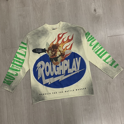 美式高街火焰酷炫logo印花烫钻长袖T恤男女卷边宽松做旧潮牌上衣