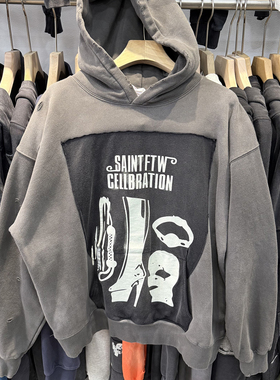 Saint Michael高街美式抽象个性印花破洞宽松洗水做旧连帽卫衣男