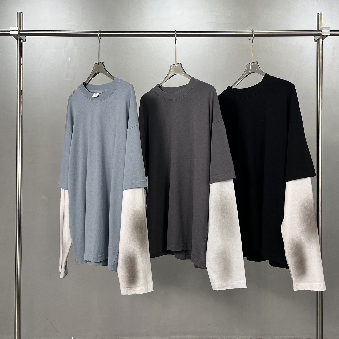 美式夏季马骝废土风酵洗假两件撞色长袖宽松休闲oversizeT恤男女