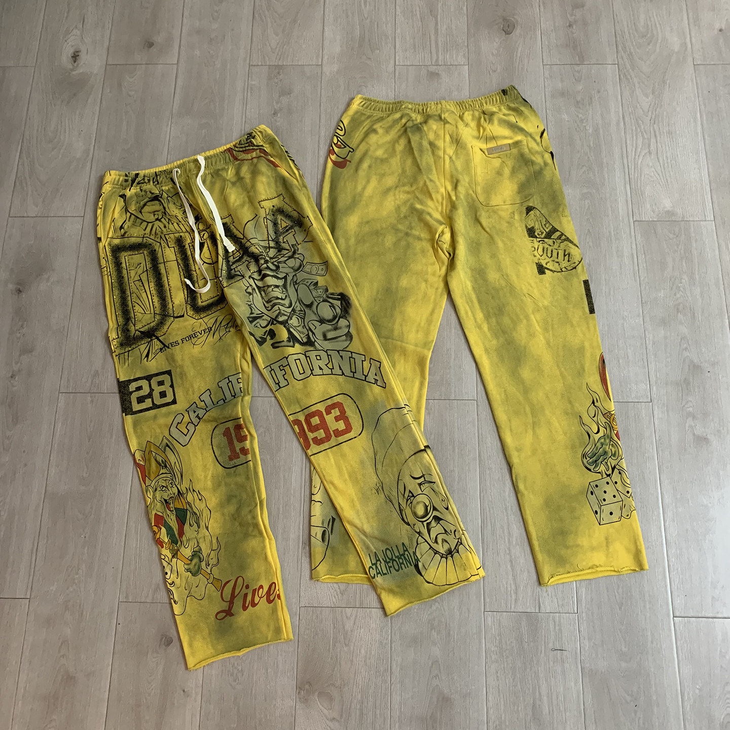 美式涂鸦风洗水做旧字母印花烫钻卫裤男女同款宽松休闲直筒长裤潮
