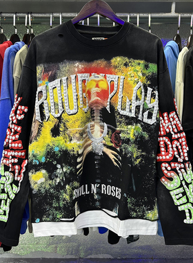 RoughPlay烫钻字母骷髅图案美式街头复古做旧破洞假两件长袖T恤潮
