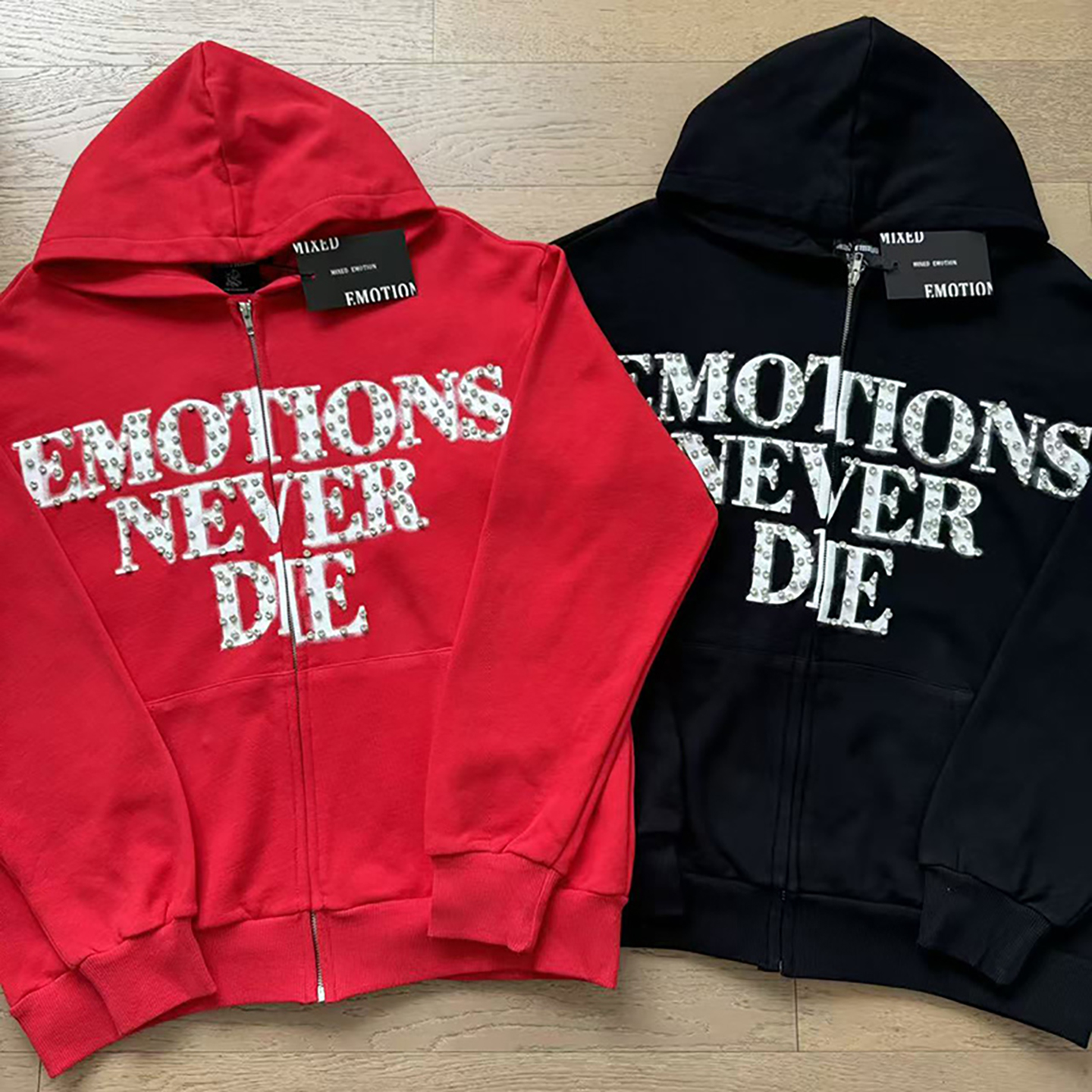 美式街头潮流镶钻英文字母印花高街男女宽松连帽开衫拉链卫衣外套