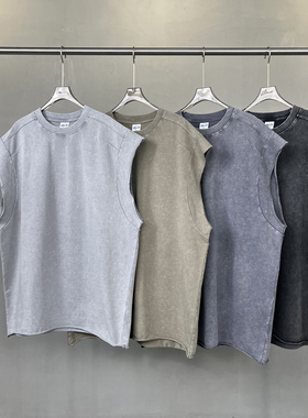 INS夏季美式高街复古洗水做旧坎肩男女宽松休闲圆领无袖纯色背心