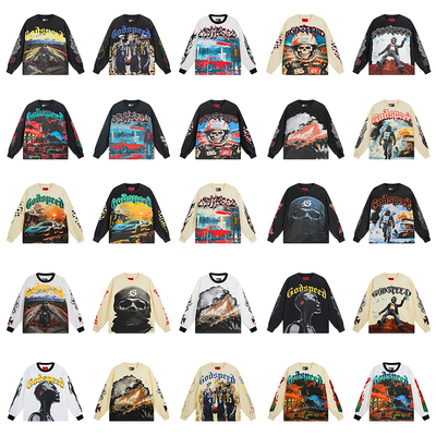 欧美高街小众Godspeed赛车手骷髅印花摇滚街头复古宽松长袖T恤男