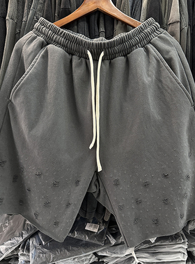 美式高街vintage重磅磨烂破洞短裤复古做旧宽松抽绳毛圈休闲裤潮