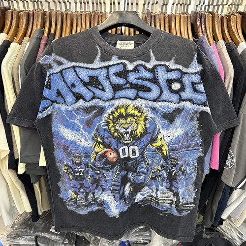 美式街头狮子印花洗水做旧烫钻短袖oversize男女宽松休闲圆领T恤