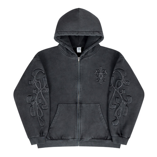 美式街头复古做旧贴布刺绣连帽开衫卫衣男女宽松休闲加绒拉链外套