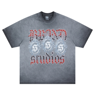 夏季 T恤 高品质复古做旧钉钻音符字母印花上衣VTG男女宽松休闲短袖