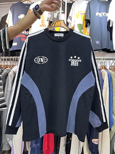 forgiveness潮牌新品复古拼色条纹插肩袖圆领长袖T恤美式街头上衣