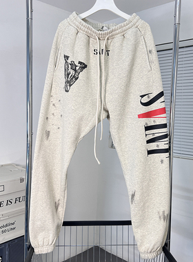 高品质 Saint Michael联名V字母印花加绒男士长裤美式复古运动裤