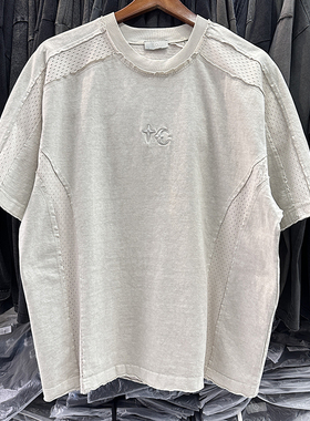 美式重磅小领口拼接透气撞色刺绣logo复古做旧宽松嘻哈短袖T恤潮