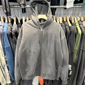 SAINT重磅洗水做旧破洞男女同款 宽松纯色简约加绒拉链卫衣外套秋