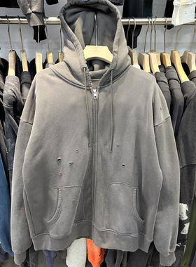 SAINT重磅洗水做旧破洞男女同款宽松纯色简约加绒拉链卫衣外套秋