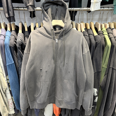 SAINT重磅洗水做旧破洞男女同款宽松纯色简约加绒拉链卫衣外套秋