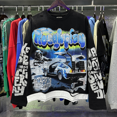 休闲打底衫美式复古破洞长袖T恤