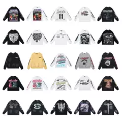 American High Street Hell Star Skull Personalized Pattern Letter Print Unisex Hip-Hop Retro Washed Long-Sleeve T-Shirt