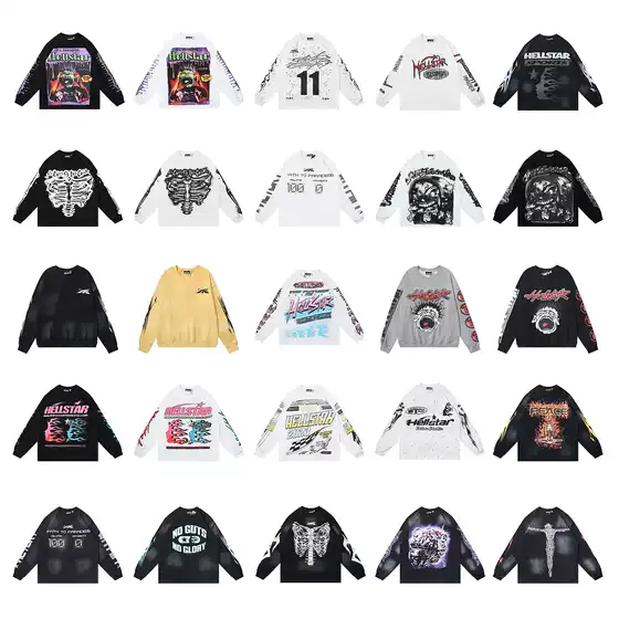 American High Street Hell Star Skull Personalized Pattern Letter Print Unisex Hip-Hop Retro Washed Long-Sleeve T-Shirt