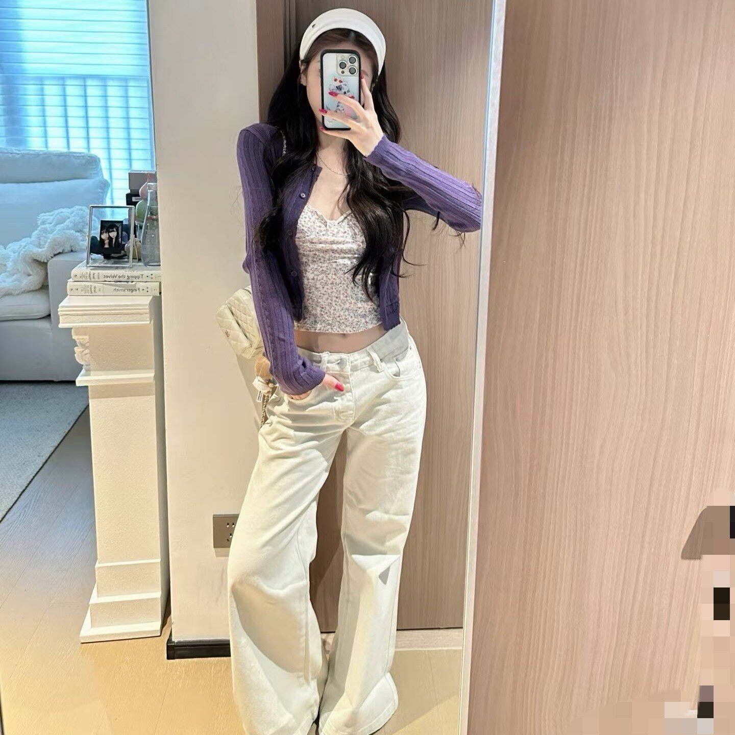 法式甜辣风紫色针织开衫女春修身短款碎花内搭吊带背心两件套穿搭