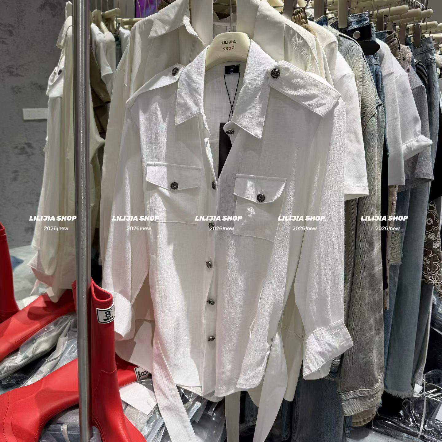 2026春季新款韩版通勤风白色POLO领长袖衬衫女宽松设计感收腰绑带