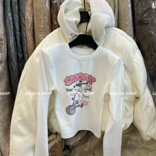 【五折】韩式卡通印花长袖T恤冬季白色薄绒磨毛短款显瘦减龄上衣